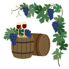 Glasses of wine stand on the barrels. Close bunches of grapes. Vector drawing