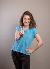 Woman in Blue Shirt Gesturing