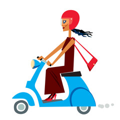 A cartoon character, a black-haired girl in a long evening dress and wearing a helmet, rides a small scooter. Vector graphics. Isolate