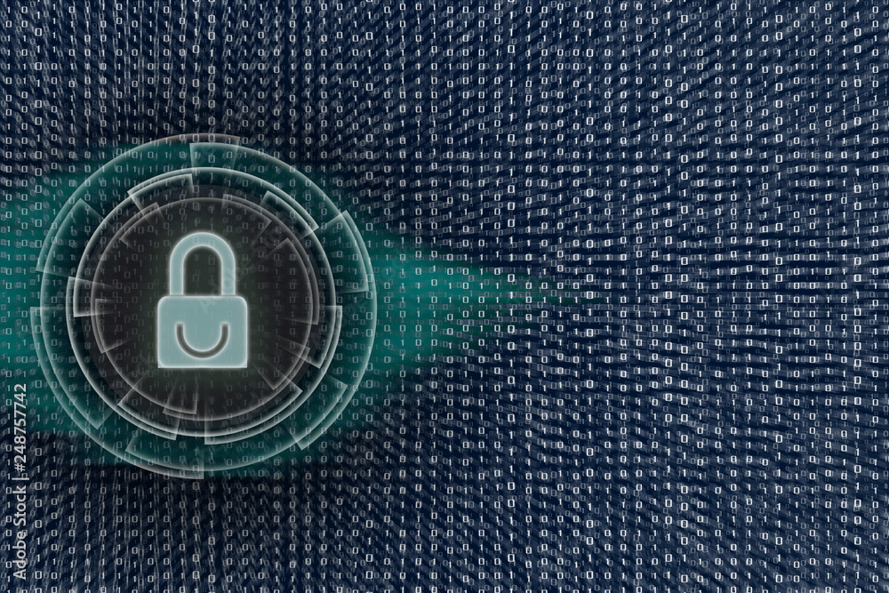 Poster white padlock icon protected data privacy in internet environment. background on binary code bit.
