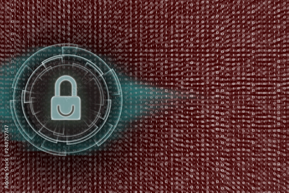 Poster white padlock icon protected data privacy in internet environment. background on binary code bit.