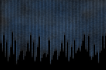 computer data matrix. vertical digital binary code moving motion downward. light up blue one and zero text flowing down. black background space with multiple layers coding.