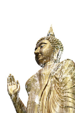 A superimposed or double exposures of Buddha image standing peacefully and forest atmosphere with full of the meaningful of the enlightenment and intuition with mindfulness.