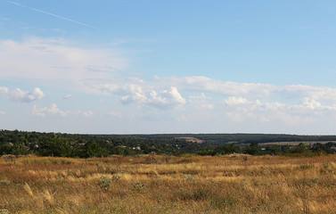 Obraz premium Clouds on a bright blue sky. Colorful landscape, field, sunny weather. Selective focus, place for text.
