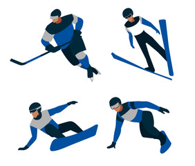 Set of winter sports figures. Dark blue sports uniform. Vector graphics