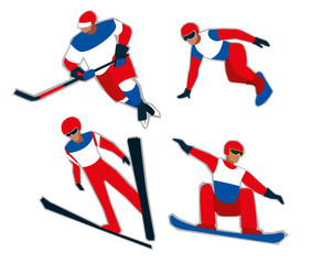 Fototapeta premium Set of winter sports figures. Red-blue-white sports uniform. Vector graphics