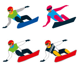 Set snowboarder. Set different color sportswear. Vector graphics