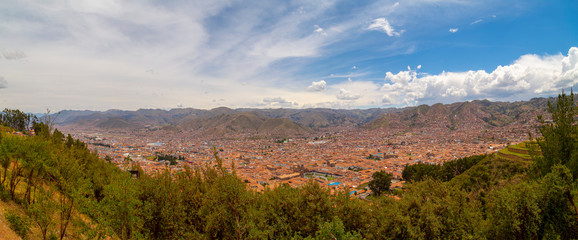Cusco, Peru, -January 2019  Panoramic aerial view over the main square of Cusco (Plaza de Armas)