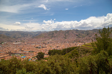 Cusco, Peru, -January 2019  Panoramic aerial view over the main square of Cusco (Plaza de Armas)