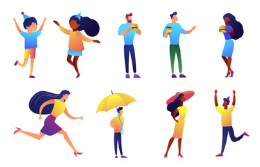 Tiny people eating fast food and celebrating holiday vector illustrations set. Children dancing, businessman with umbrella concept. Vector illustrations set isolated on white background.
