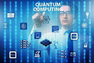 Businessman pressing virtual button in quantum computing concept