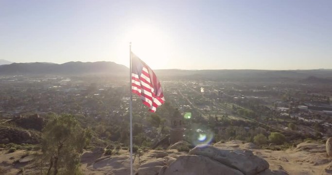 Aerial American Flag on Top of a Mountain 08