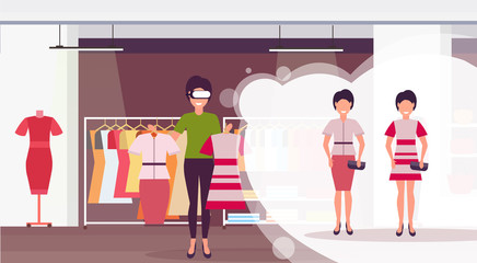 saleswoman holding dress wearing digital glasses virtual reality girls buyers headset vision concept female clothes shopping mall fashion boutique interior flat horizontal