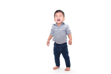 Crying baby boy and wearing business shirt isolated on white background