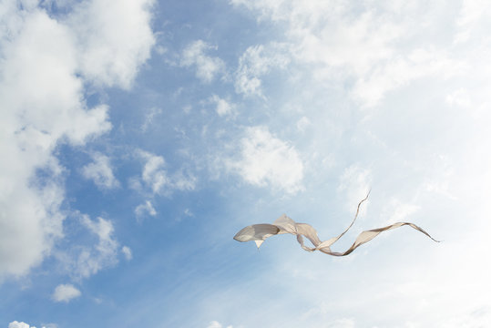 White kite flying against the blue sky full of clouds. Horizontal image