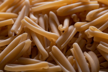 Uncooked Italian Casarecce pasta made from organic durum wheat semolina. Macaroni product.