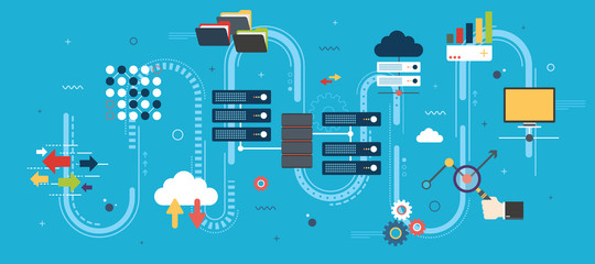 Network server of computers and business intelligence.Database security system. Backup data traffic analysis. Big Data and cloud computing banner concept with icons in flat design vector illustration. - obrazy, fototapety, plakaty