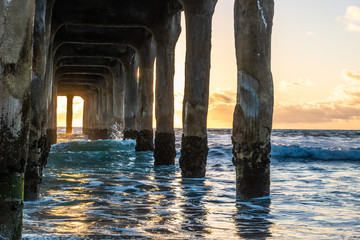 Fototapeta na wymiar Sunset from underneath pier at Manhattan Beach, California