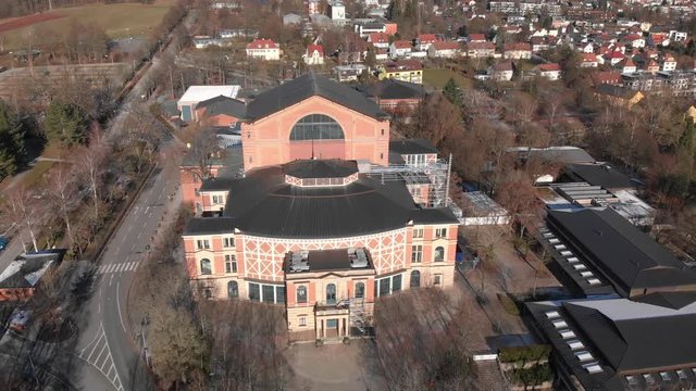 Aerial 4K Shot of famous Festival Theatre in Bayreuth. 
Aerial push out from Festival Theatre. 
Shot in 4k at 24fps.