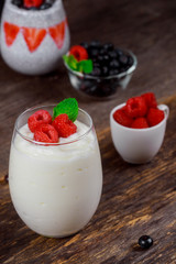 Healthy pudding with almond milk in a glass
