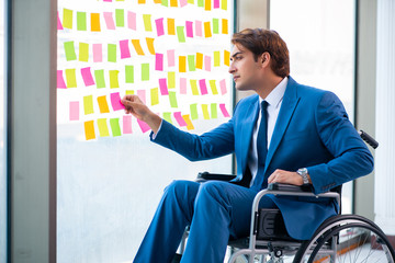 Young handsome man in wheelchair with many conflicting prioritie