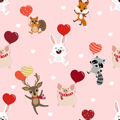 Cute animal hold the heart balloons seamless pattern. Deer, squirrel, fox, pig, racoon and rabbit cartoon character. Happy Valentine's Day background.