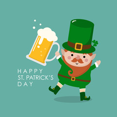 Happy St. Patrick's Day greeting card with leprechaun and dog. Holiday cartoon character.