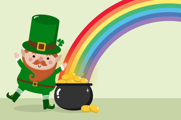 Happy St. Patrick's Day greeting card with leprechaun, gold pot and rainbow. Holiday cartoon character.