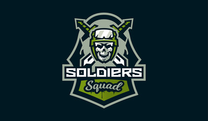The emblem of the soldier. Logo military skull. Bones and swords. Сommando, green, mascot, brave, hero, honor, rifle, armed, army, dead, force, skeleton, iron, weapon. Vector illustration