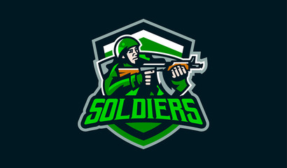 The emblem of the soldier. Logo of a military man. Military force soldier. Сamouflage, sniper, troops, commando, green, mascot, brave, hero, forces, army, weapon, machine gun. Vector illustration