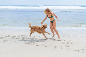 Anonymous girl bouncing and playing with a golden retriever on a white sand beach. Human's best friend.