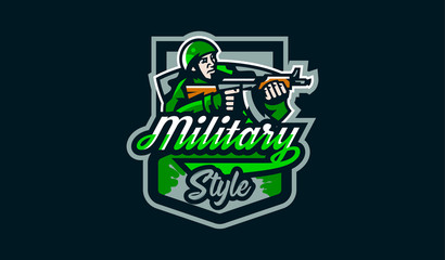 The emblem of the soldier. Logo of a military man. Military force soldier. Сamouflage, sniper, troops, commando, green, mascot, brave, hero, forces, army, weapon, machine gun. Vector illustration