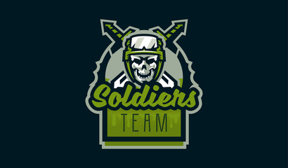 The emblem of the soldier. Logo military skull. Bones and swords. Сommando, green, mascot, brave, hero, honor, rifle, armed, army, dead, force, skeleton, iron, weapon. Vector illustration