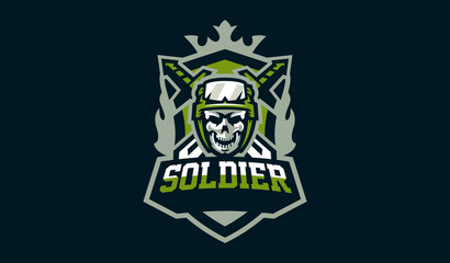 The emblem of the soldier. Logo military skull. Bones and swords. Сommando, green, mascot, brave, hero, honor, rifle, armed, army, dead, force, skeleton, iron, weapon. Vector illustration