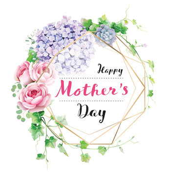 Happy Mother's day greeting card with with wreath of flowers and greenery.