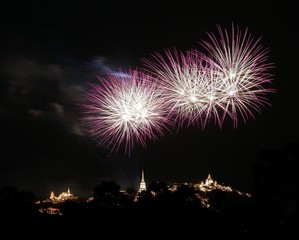 Fototapeta na wymiar Firework show at Phra Nakorn Khiri 2019 festival (33 times) - Phetchaburi Province THAILAND.
