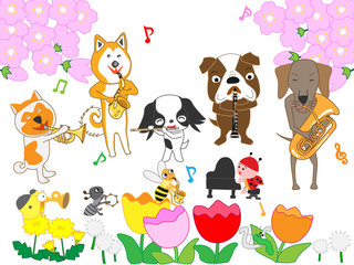 Obraz na płótnie Canvas 犬と昆虫たちの春のコンサート
