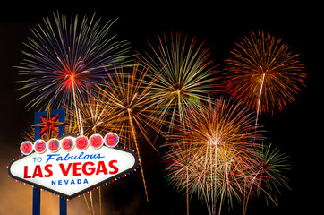 Welcome to fabulous Las vegas Nevada sign with firework background © littlestocker