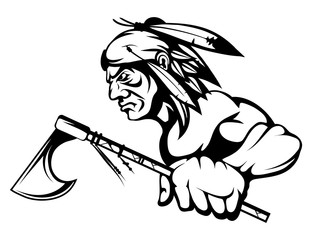 indian chief with an ax in his hand. Vector graphics to design.