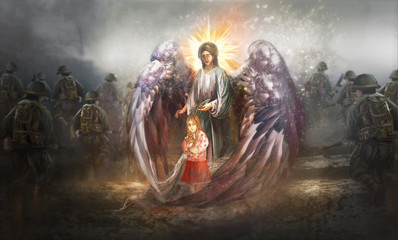 Angel protecting child in warzone