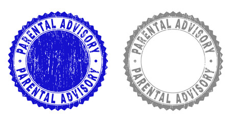 Obraz premium Grunge PARENTAL ADVISORY stamp seals isolated on a white background. Rosette seals with distress texture in blue and gray colors.