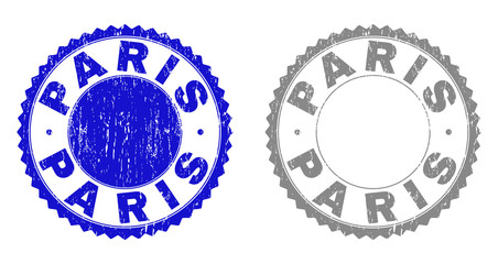Grunge PARIS stamp seals isolated on a white background. Rosette seals with distress texture in blue and grey colors. Vector rubber stamp imitation of PARIS caption inside round rosette.
