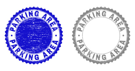 Grunge PARKING AREA stamp seals isolated on a white background. Rosette seals with grunge texture in blue and gray colors. Vector rubber stamp imitation of PARKING AREA title inside round rosette.