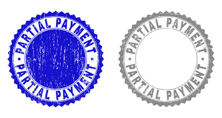 Grunge PARTIAL PAYMENT stamp seals isolated on a white background. Rosette seals with grunge texture in blue and gray colors.