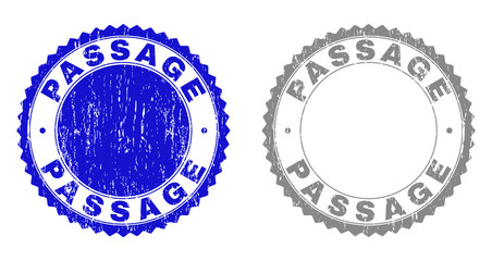 Grunge PASSAGE stamp seals isolated on a white background. Rosette seals with grunge texture in blue and grey colors. Vector rubber stamp imprint of PASSAGE title inside round rosette.