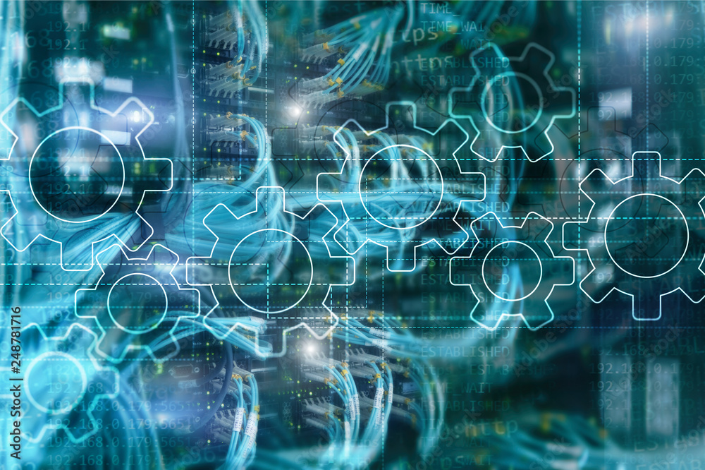 Sticker gears mechanism, digital transformation, data integration and digital technology concept