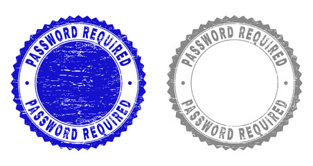 Grunge PASSWORD REQUIRED stamp seals isolated on a white background. Rosette seals with grunge texture in blue and grey colors.