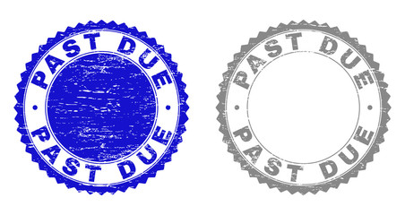 Grunge PAST DUE stamp seals isolated on a white background. Rosette seals with grunge texture in blue and grey colors. Vector rubber stamp imitation of PAST DUE text inside round rosette.