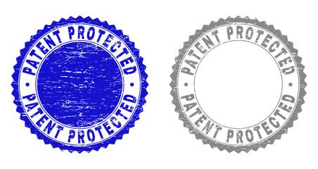 Grunge PATENT PROTECTED stamp seals isolated on a white background. Rosette seals with grunge texture in blue and grey colors.