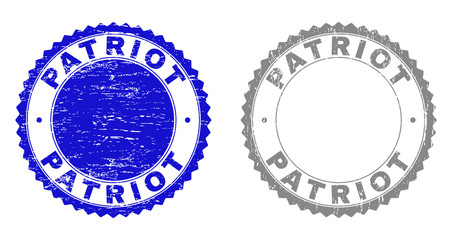Grunge PATRIOT stamp seals isolated on a white background. Rosette seals with grunge texture in blue and gray colors. Vector rubber stamp imitation of PATRIOT tag inside round rosette.
